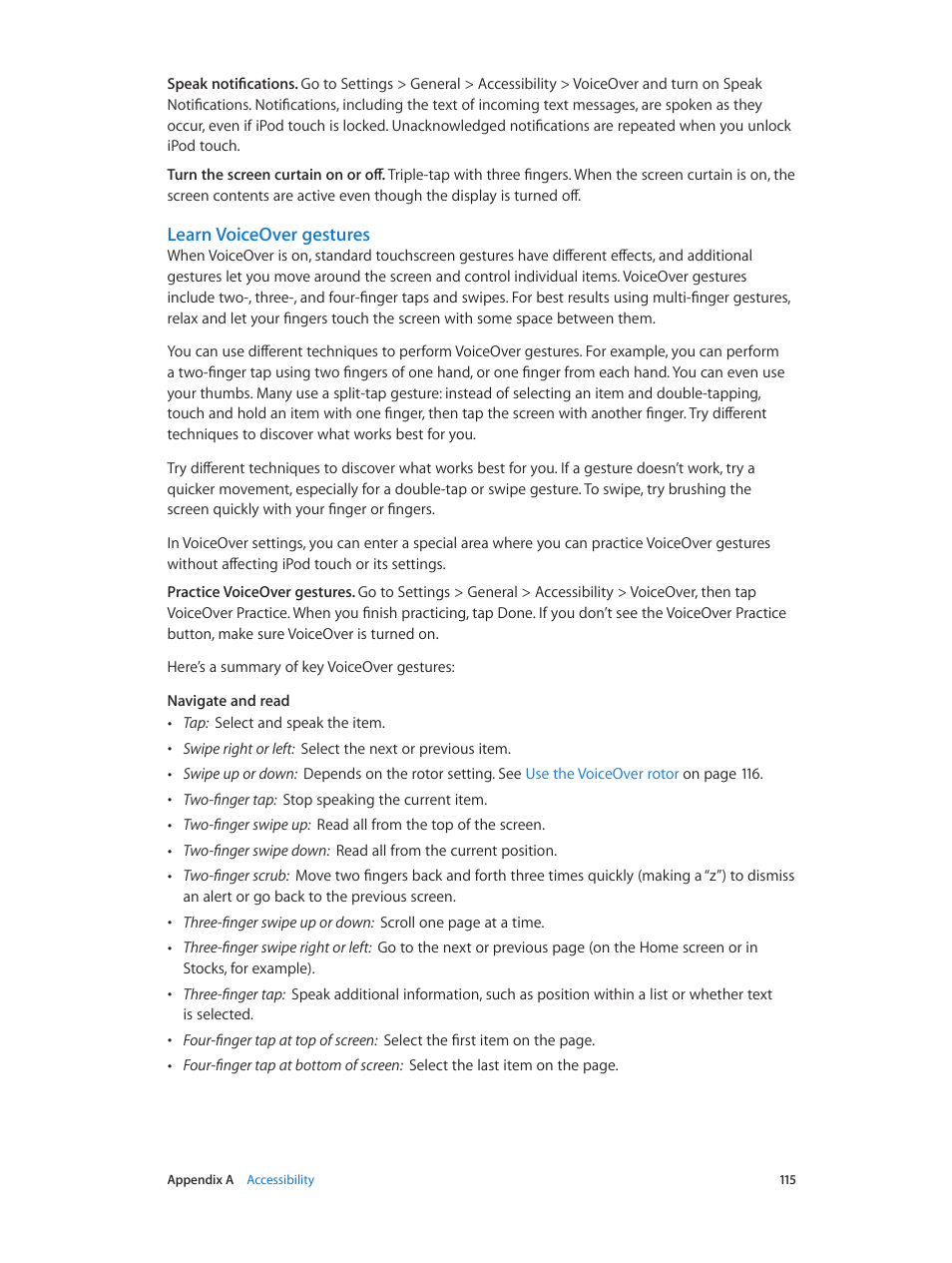 Learn voiceover gestures | Apple iPod touch iOS 7.1 User Manual | Page 115 / 144