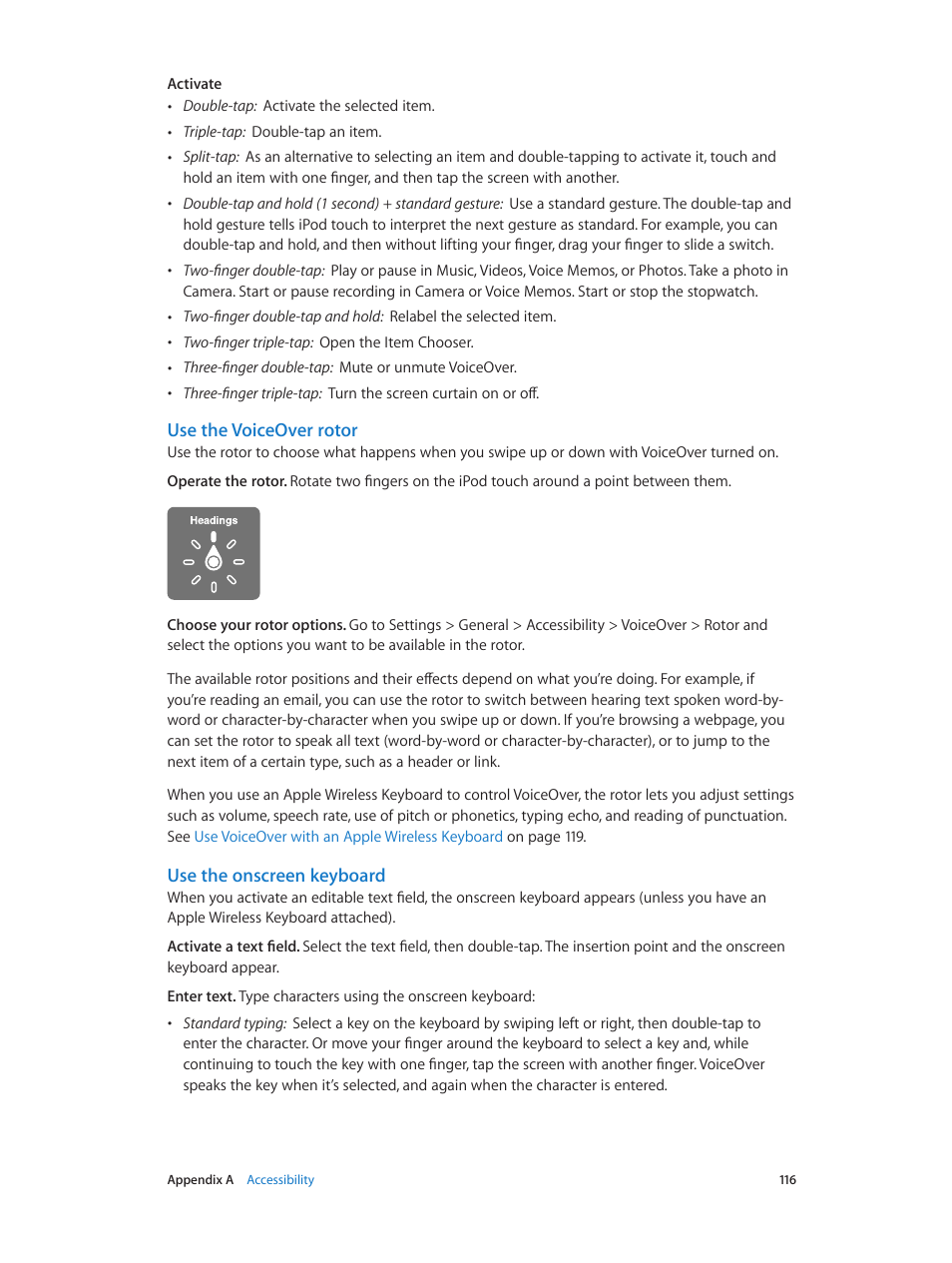 The voiceover rotor, Use the voiceover rotor, Use the onscreen keyboard | Apple iPod touch iOS 7.1 User Manual | Page 116 / 144