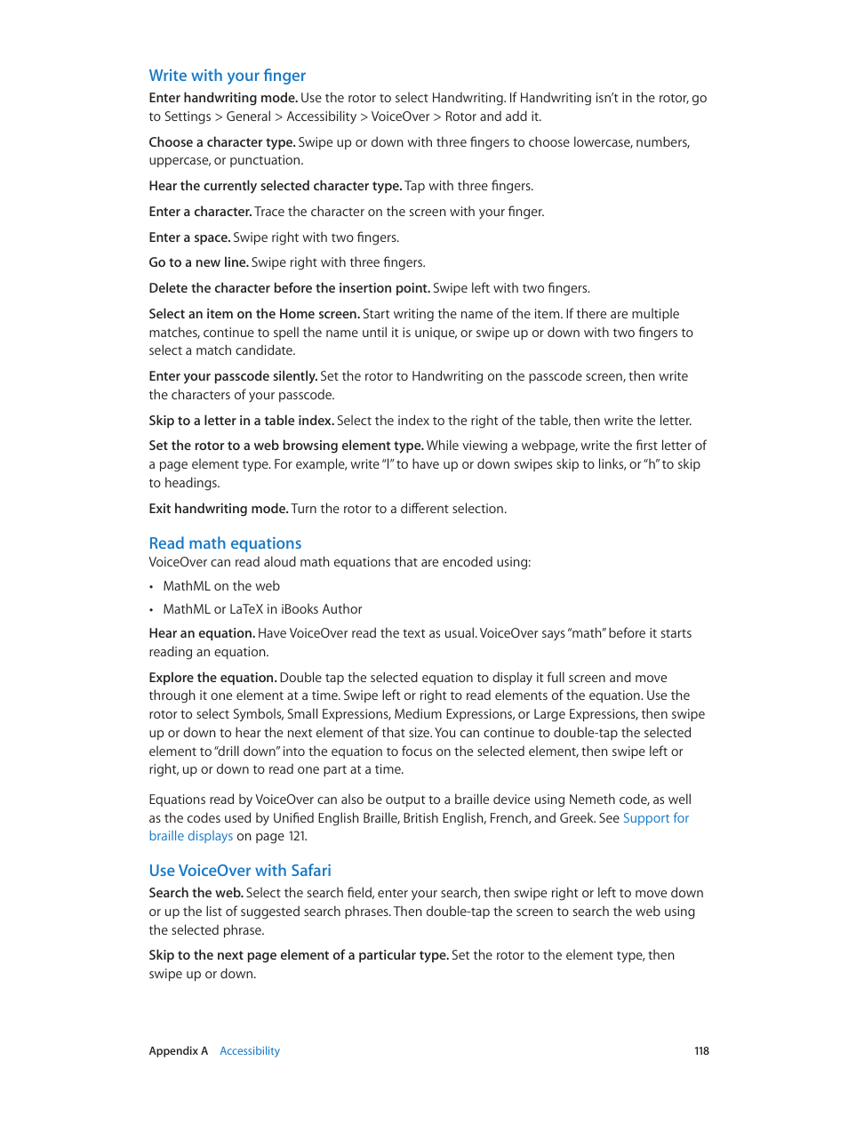 Write with your finger, Read math equations, Use voiceover with safari | Apple iPod touch iOS 7.1 User Manual | Page 118 / 144