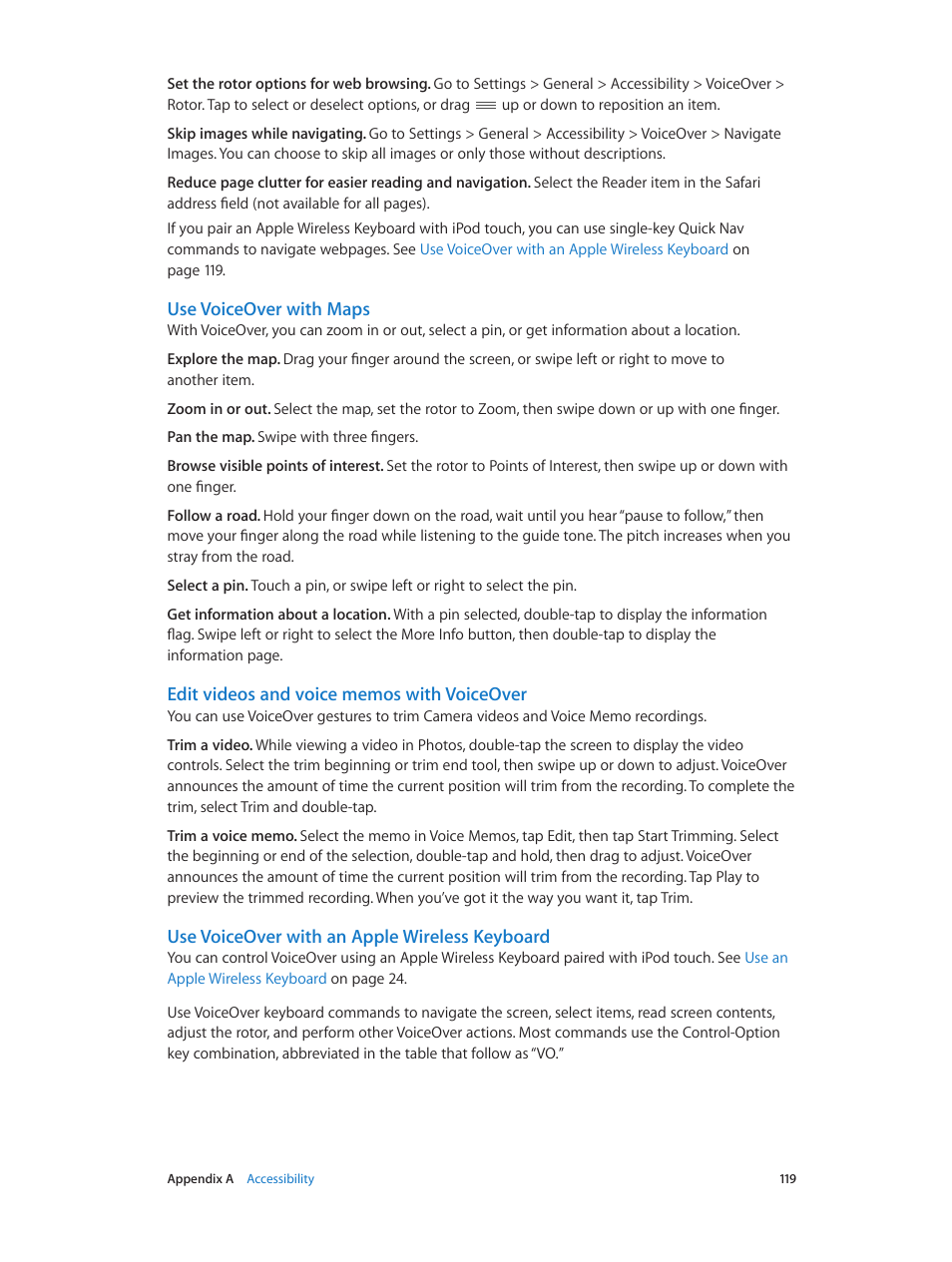 Use voiceover with maps, Use voiceover with an apple wireless keyboard | Apple iPod touch iOS 7.1 User Manual | Page 119 / 144