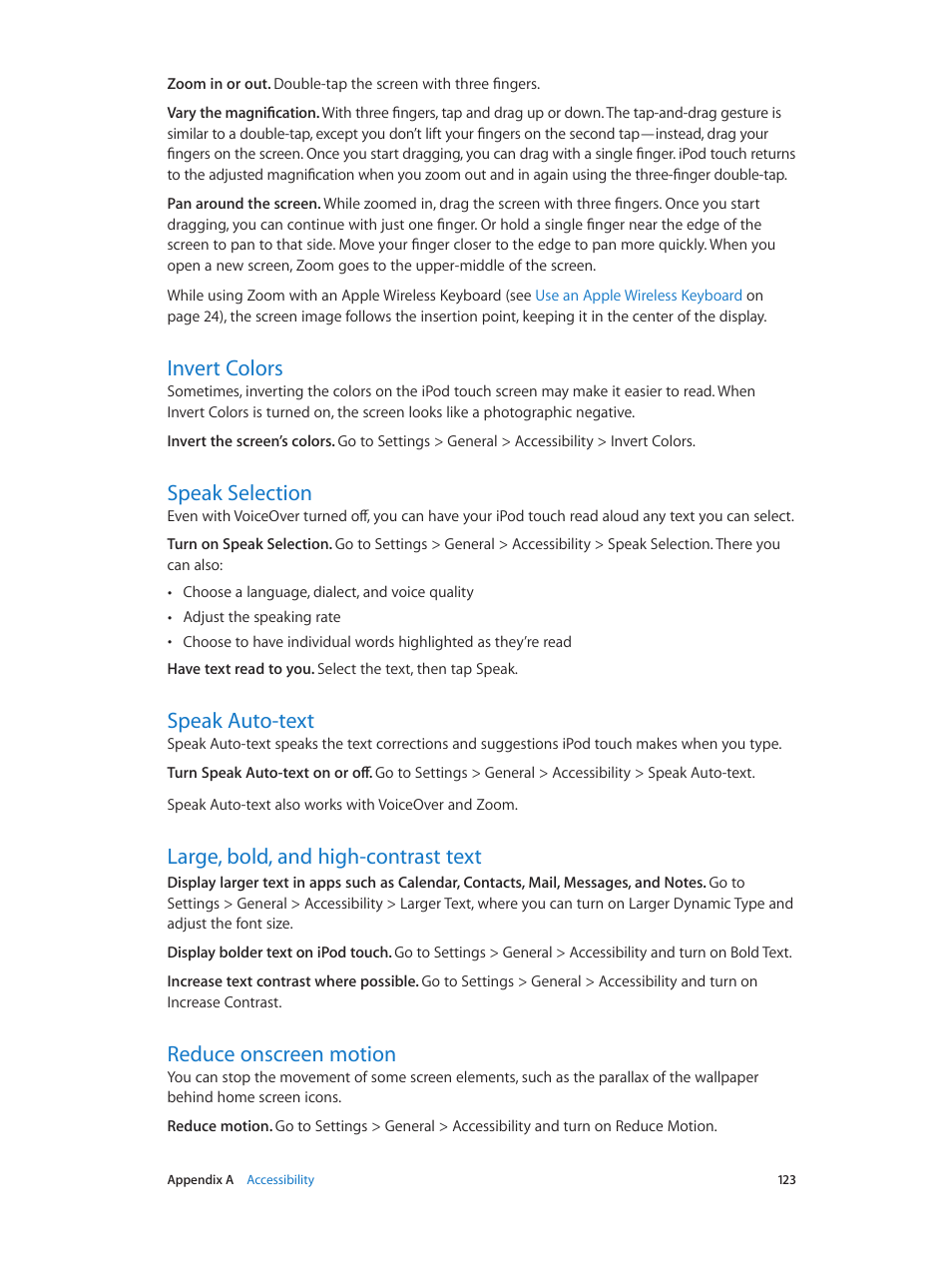 Invert colors, Speak selection, Speak auto-text | Large, bold, and high-contrast text, Reduce onscreen motion | Apple iPod touch iOS 7.1 User Manual | Page 123 / 144