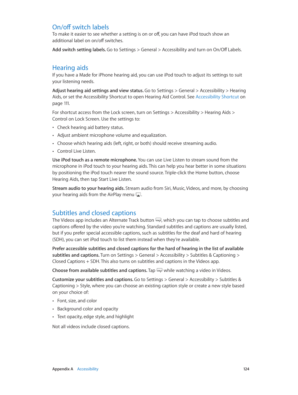 On/off switch labels, Hearing aids, Subtitles and closed captions | Apple iPod touch iOS 7.1 User Manual | Page 124 / 144