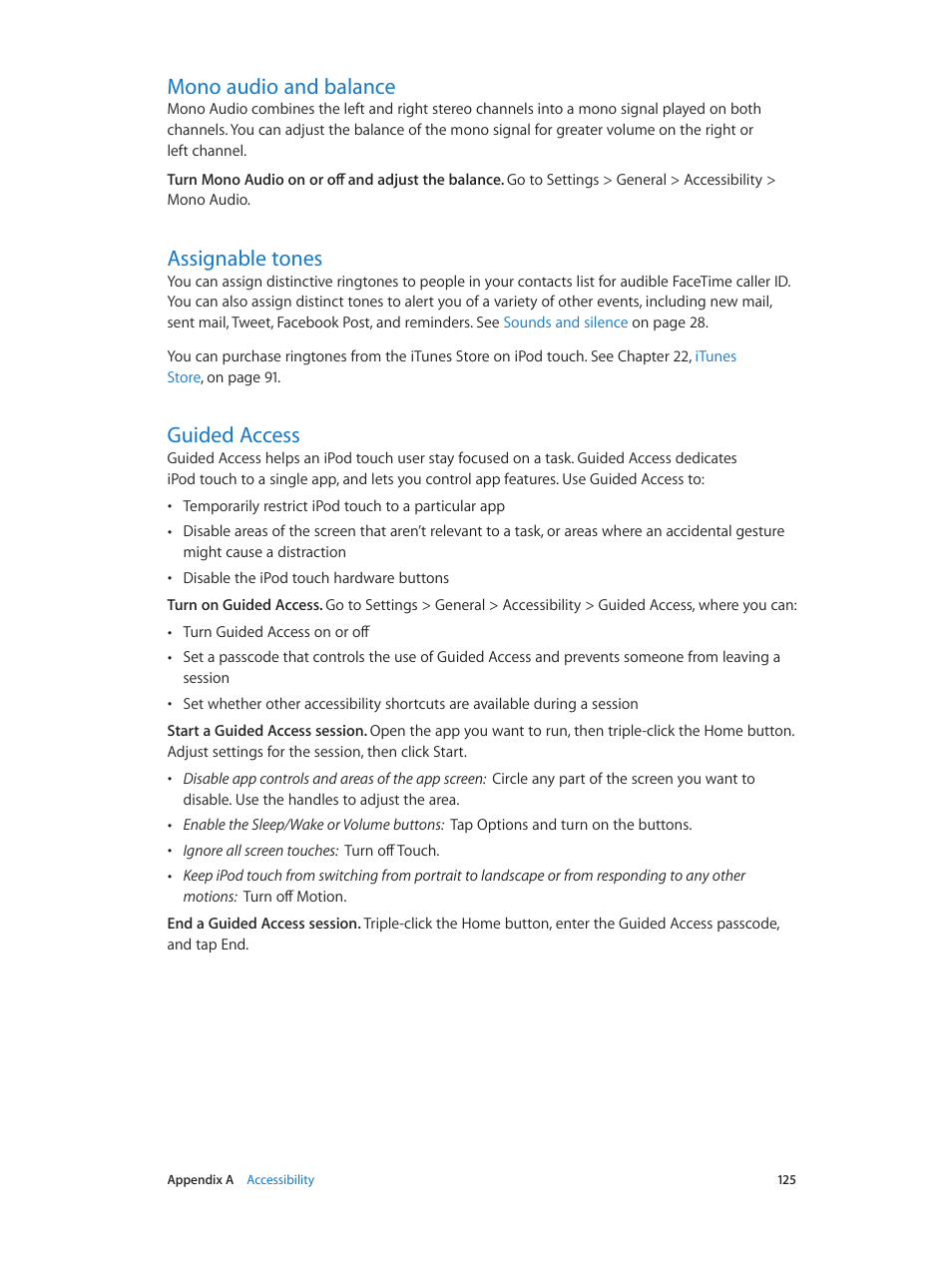 Mono audio and balance, Assignable tones, Guided access | Guided, Access | Apple iPod touch iOS 7.1 User Manual | Page 125 / 144