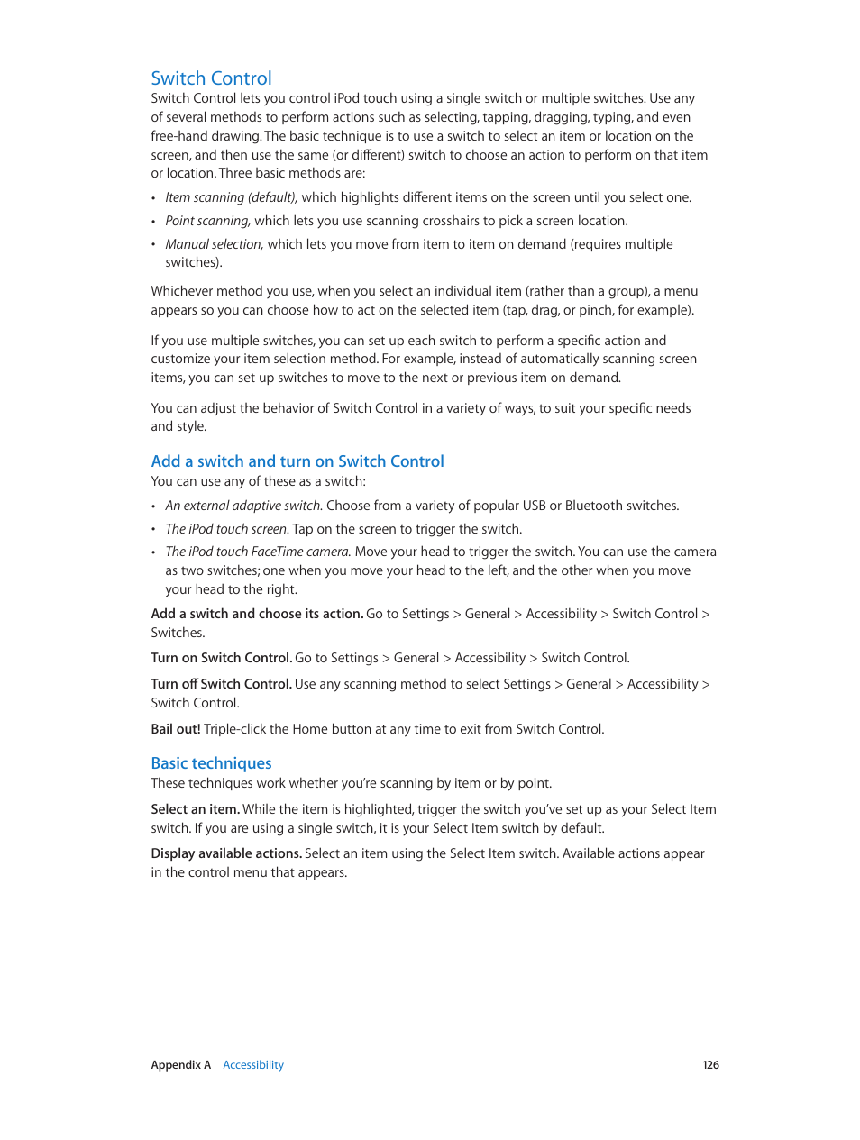 Switch control, 126 switch control, Add a switch and turn on switch control | Basic techniques | Apple iPod touch iOS 7.1 User Manual | Page 126 / 144