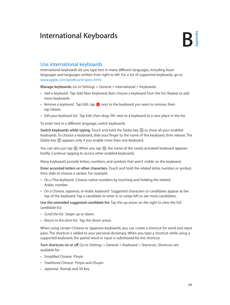 Appendix b: international keyboards, Use international keyboards, 131 use international keyboards | International keyboards | Apple iPod touch iOS 7.1 User Manual | Page 131 / 144