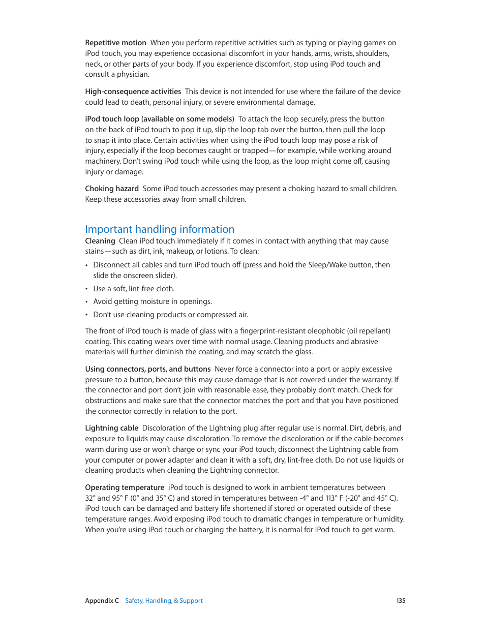 Important handling information, 135 important handling information | Apple iPod touch iOS 7.1 User Manual | Page 135 / 144