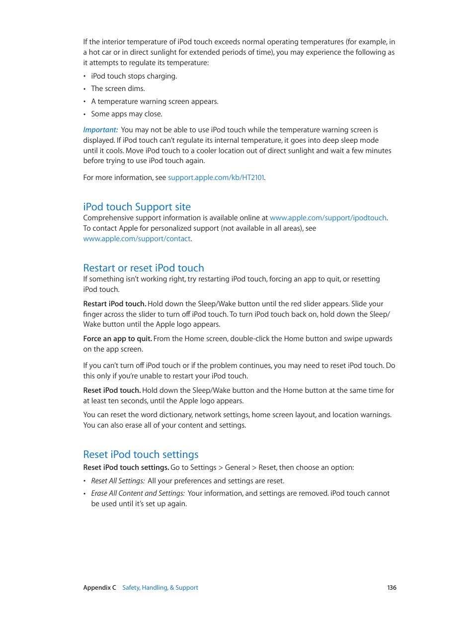 Ipod touch support site, Restart or reset ipod touch, Reset ipod touch settings | Restart or reset, Ipod touch | Apple iPod touch iOS 7.1 User Manual | Page 136 / 144