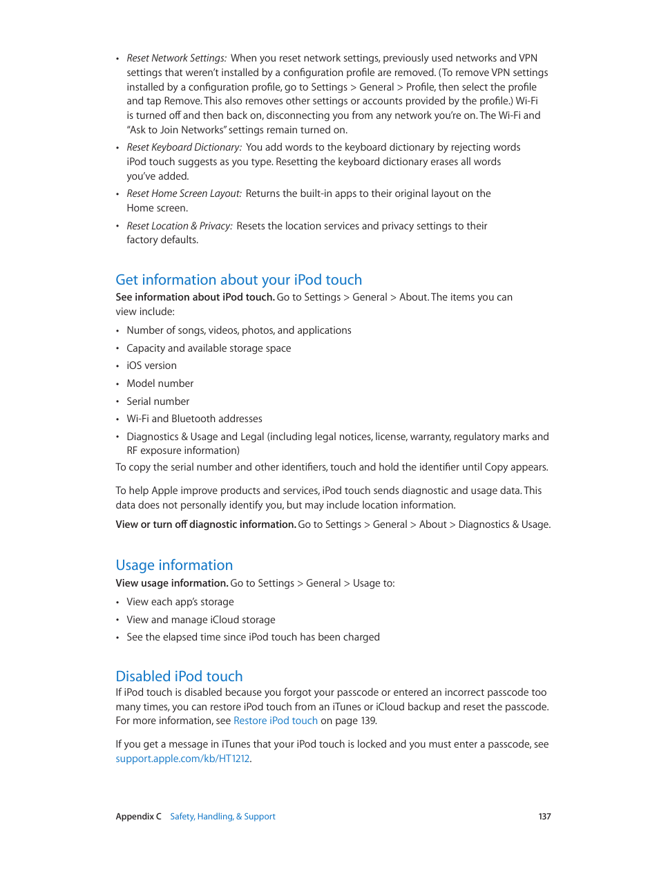 Get information about your ipod touch, Usage information, Disabled ipod touch | Apple iPod touch iOS 7.1 User Manual | Page 137 / 144