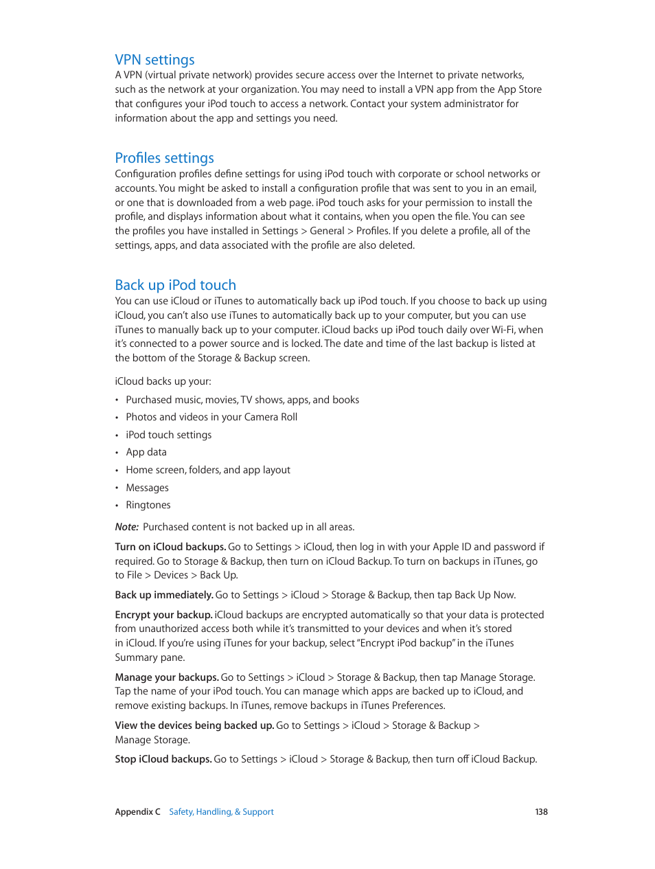 Vpn settings, Profiles settings, Back up ipod touch | 138 and | Apple iPod touch iOS 7.1 User Manual | Page 138 / 144