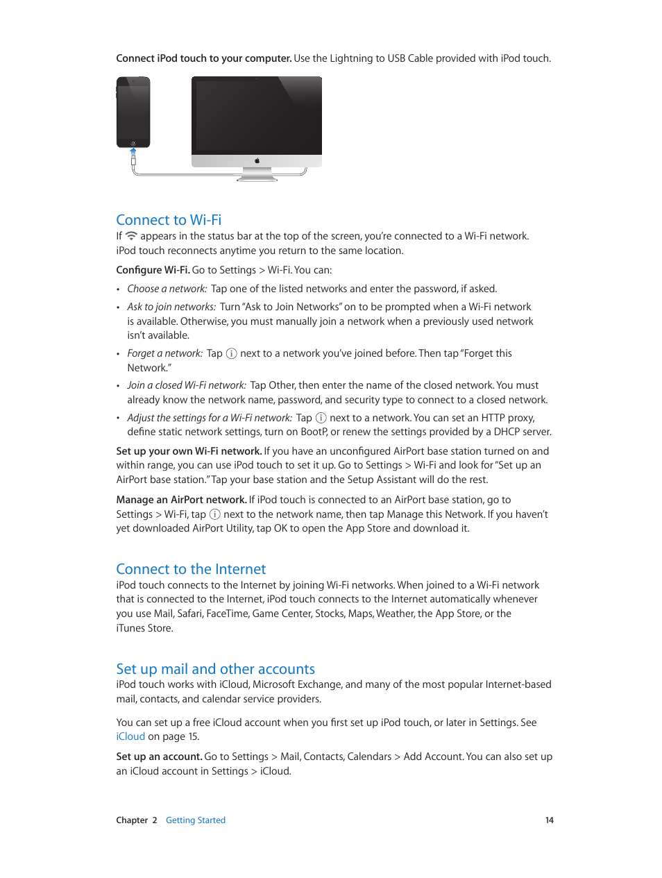 Connect to wi-fi, Connect to the internet, Set up mail and other accounts | Apple iPod touch iOS 7.1 User Manual | Page 14 / 144