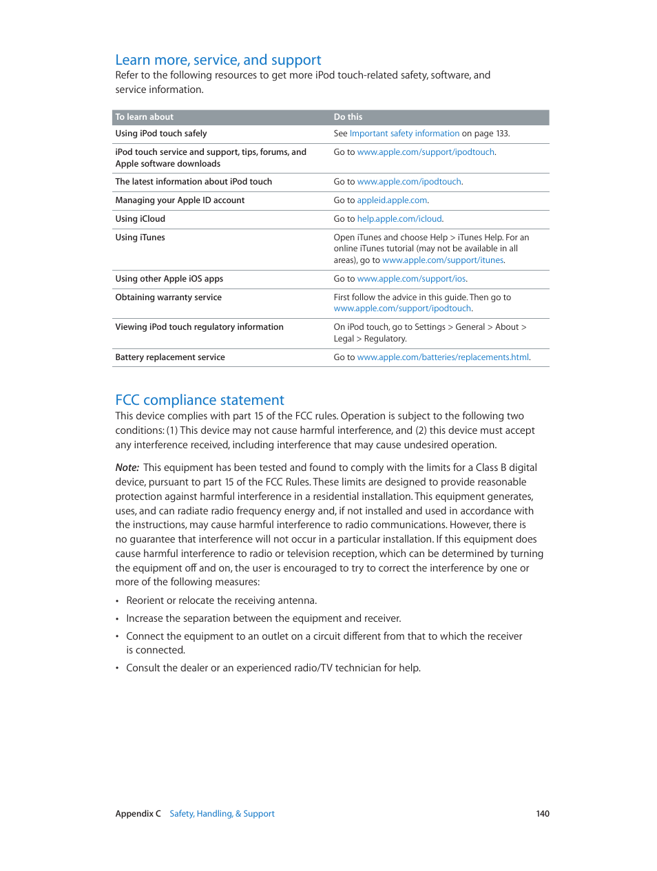 Learn more, service, and support, Fcc compliance statement | Apple iPod touch iOS 7.1 User Manual | Page 140 / 144