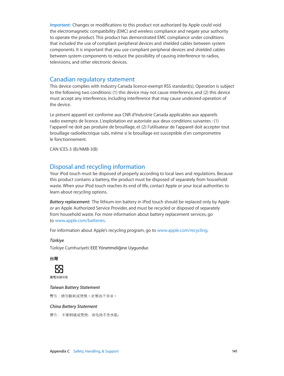 Canadian regulatory statement, Disposal and recycling information | Apple iPod touch iOS 7.1 User Manual | Page 141 / 144