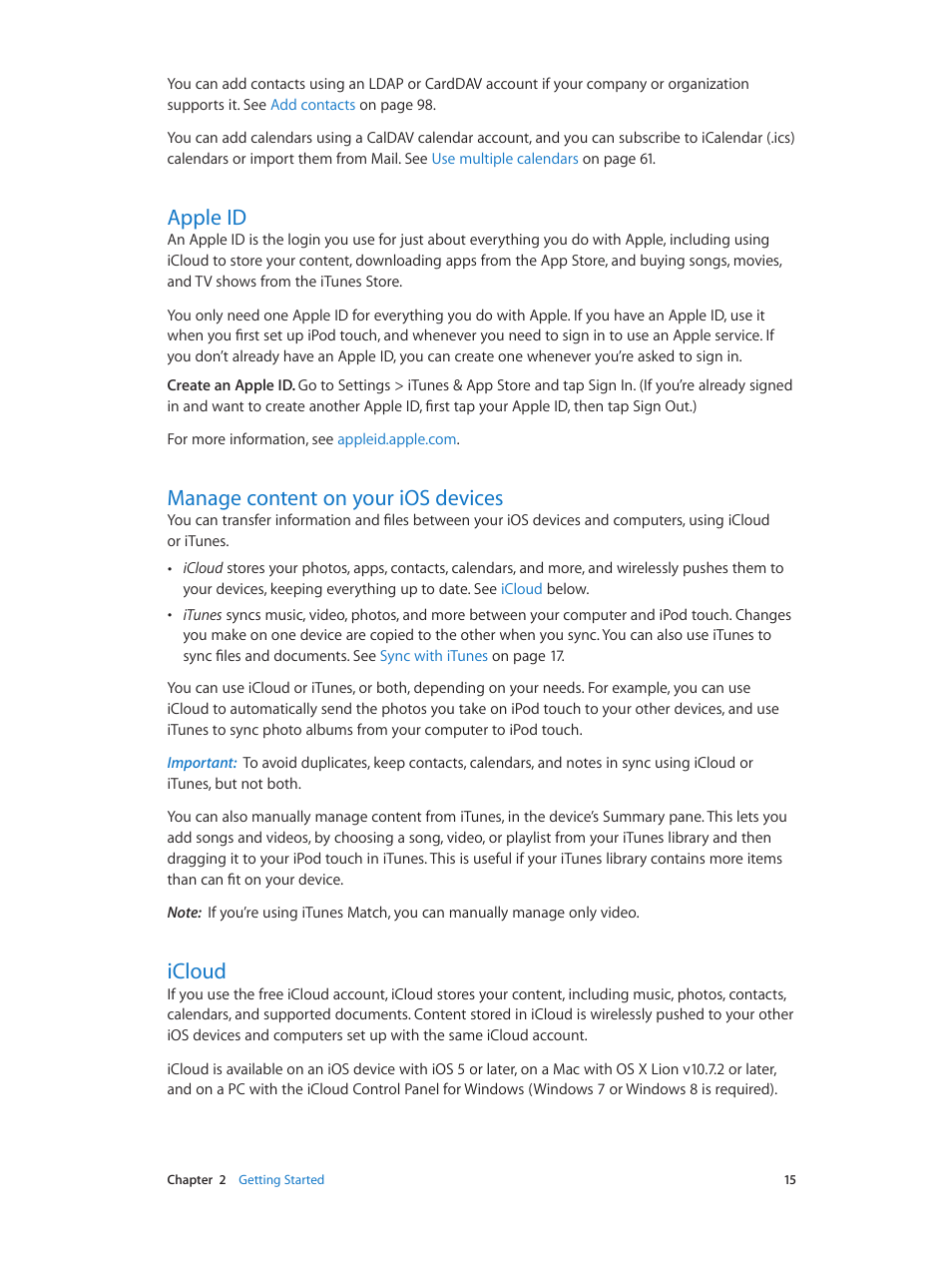 Apple id, Manage content on your ios devices, Icloud | Apple iPod touch iOS 7.1 User Manual | Page 15 / 144