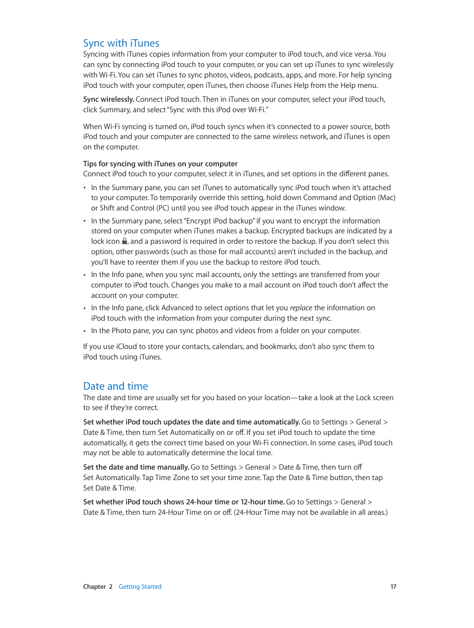 Sync with itunes, Date and time, 17 sync with itunes 17 date and time | Apple iPod touch iOS 7.1 User Manual | Page 17 / 144