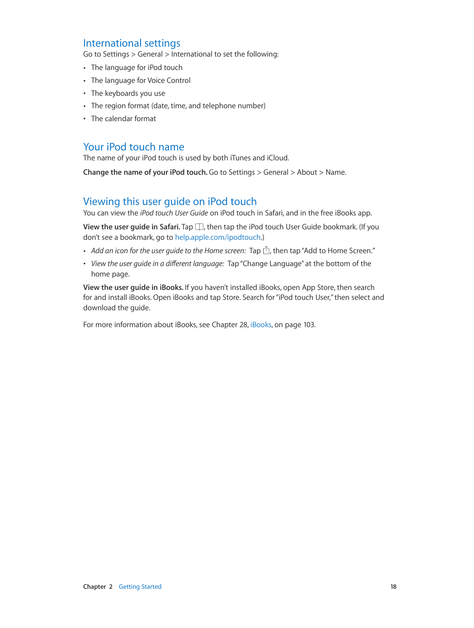 International settings, Your ipod touch name, Viewing this user guide on ipod touch | Apple iPod touch iOS 7.1 User Manual | Page 18 / 144