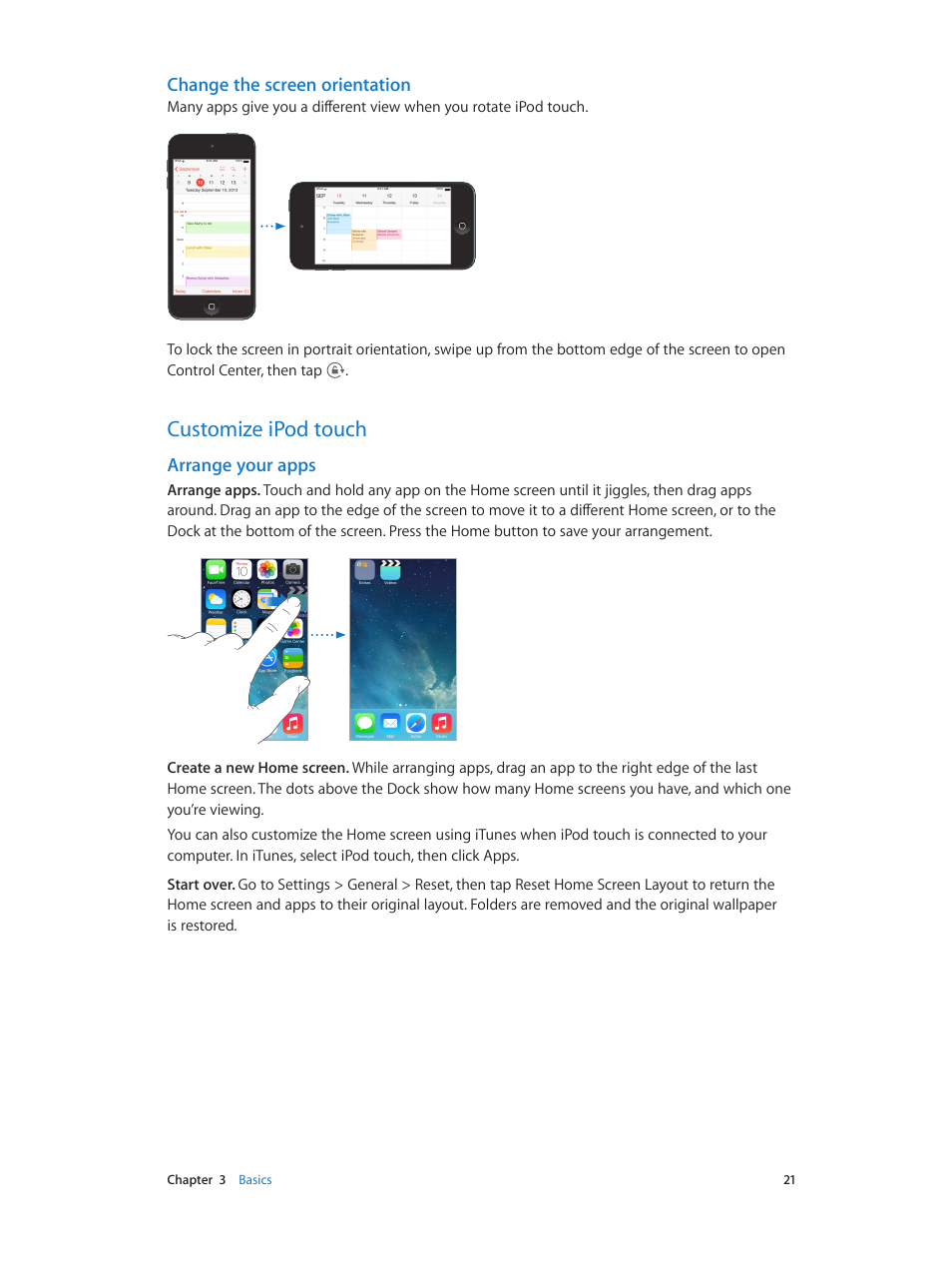 Customize ipod touch, 21 customize ipod touch, Change | The screen orientation, Change the screen orientation, Arrange your apps | Apple iPod touch iOS 7.1 User Manual | Page 21 / 144