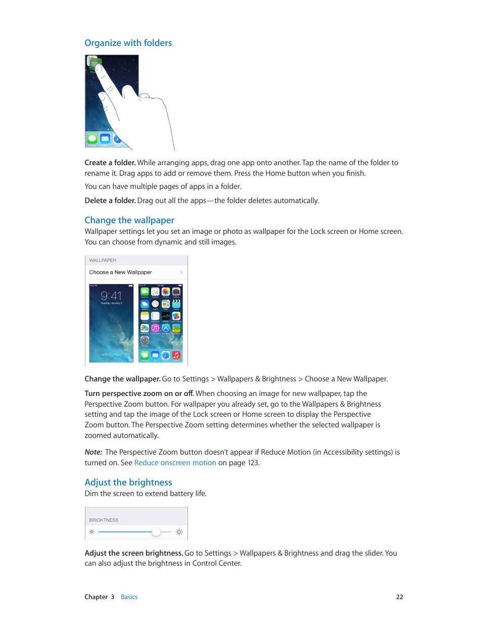 Organize with folders, Change the wallpaper, Adjust the brightness | Apple iPod touch iOS 7.1 User Manual | Page 22 / 144