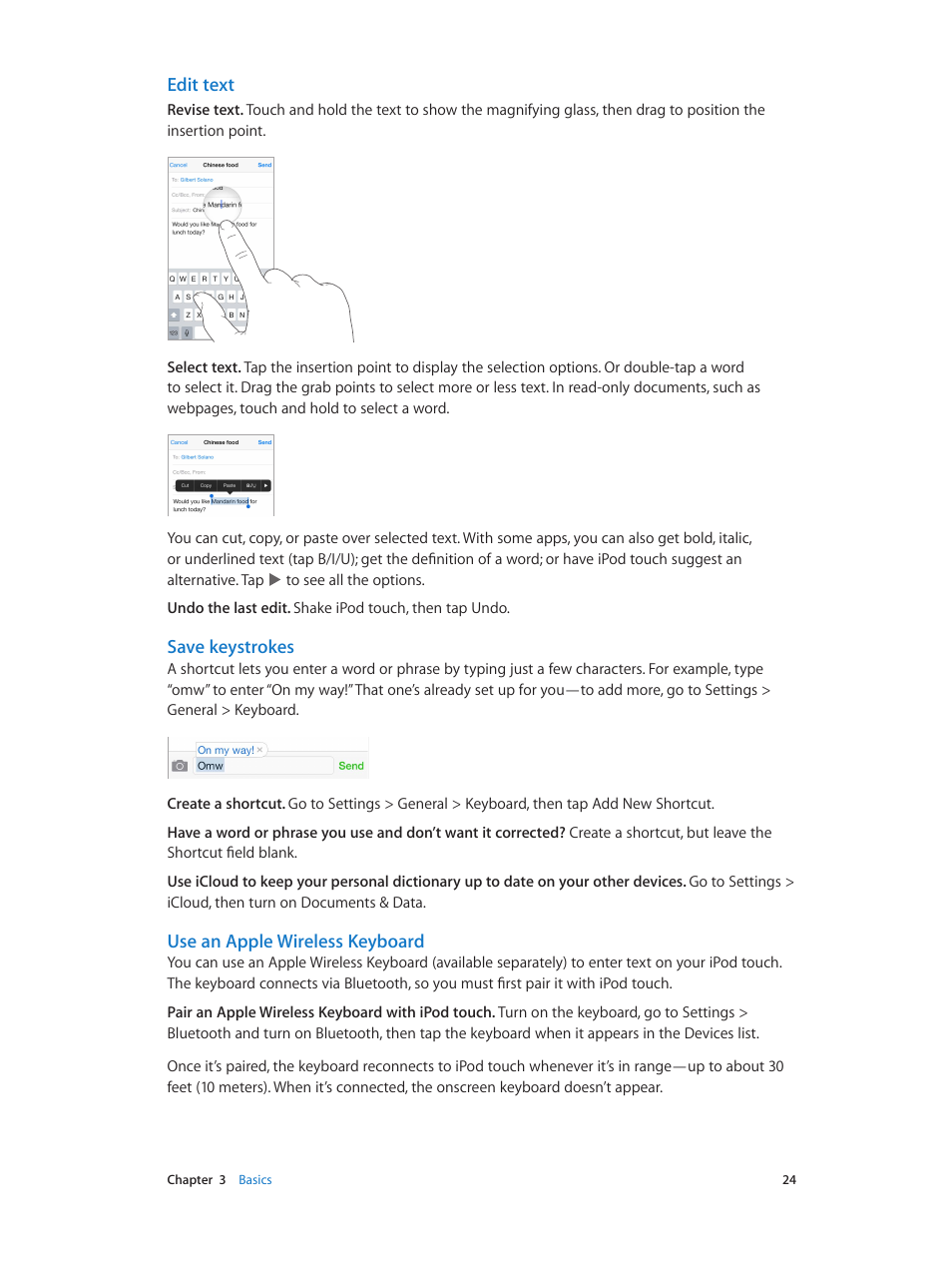 Use an apple wireless, Keyboard, Edit text | Save keystrokes, Use an apple wireless keyboard | Apple iPod touch iOS 7.1 User Manual | Page 24 / 144