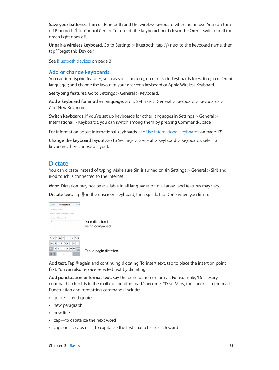 Dictate, 25 dictate, Add or change keyboards | Apple iPod touch iOS 7.1 User Manual | Page 25 / 144