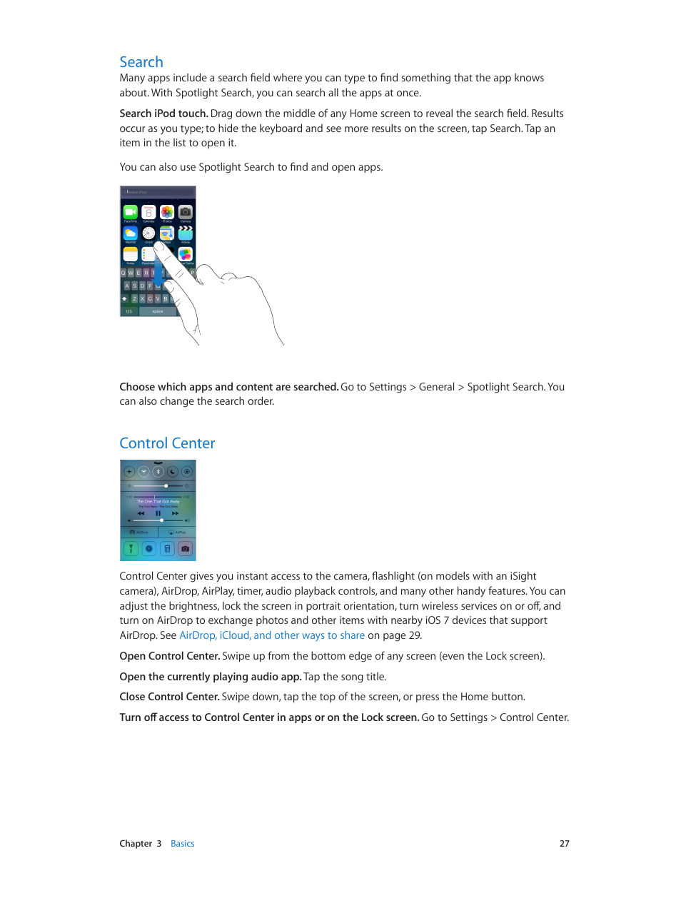 Search, Control center, 27 search 27 control center | Apple iPod touch iOS 7.1 User Manual | Page 27 / 144