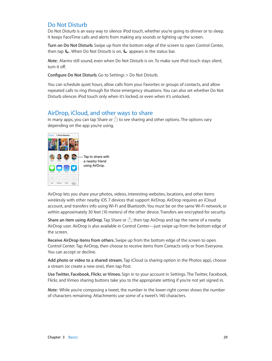 Do not disturb, Airdrop, icloud, and other ways to share | Apple iPod touch iOS 7.1 User Manual | Page 29 / 144