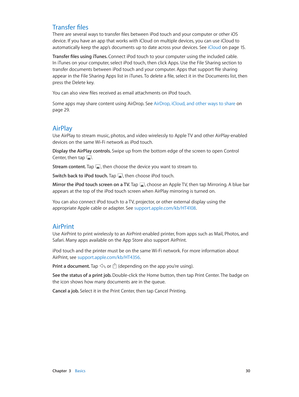 Transfer files, Airplay, Airprint | 30 transfer files 30 airplay 30 airprint | Apple iPod touch iOS 7.1 User Manual | Page 30 / 144