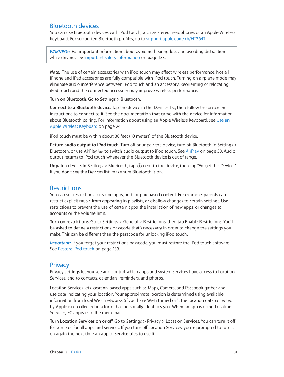 Bluetooth devices, Restrictions, Privacy | 31 bluetooth devices 31 restrictions 31 privacy | Apple iPod touch iOS 7.1 User Manual | Page 31 / 144