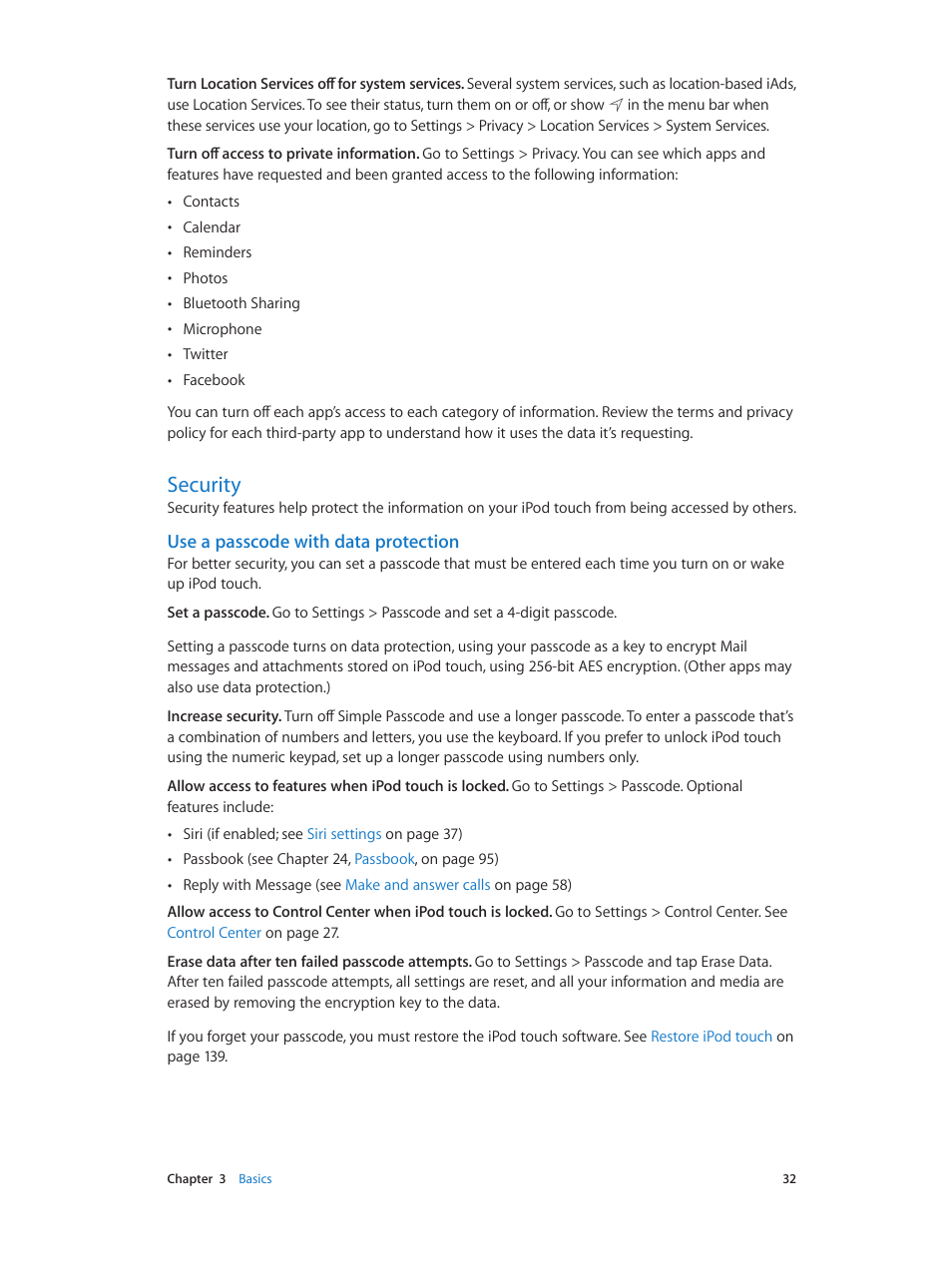 Security, 32 security, Use a passcode with data protection | Apple iPod touch iOS 7.1 User Manual | Page 32 / 144