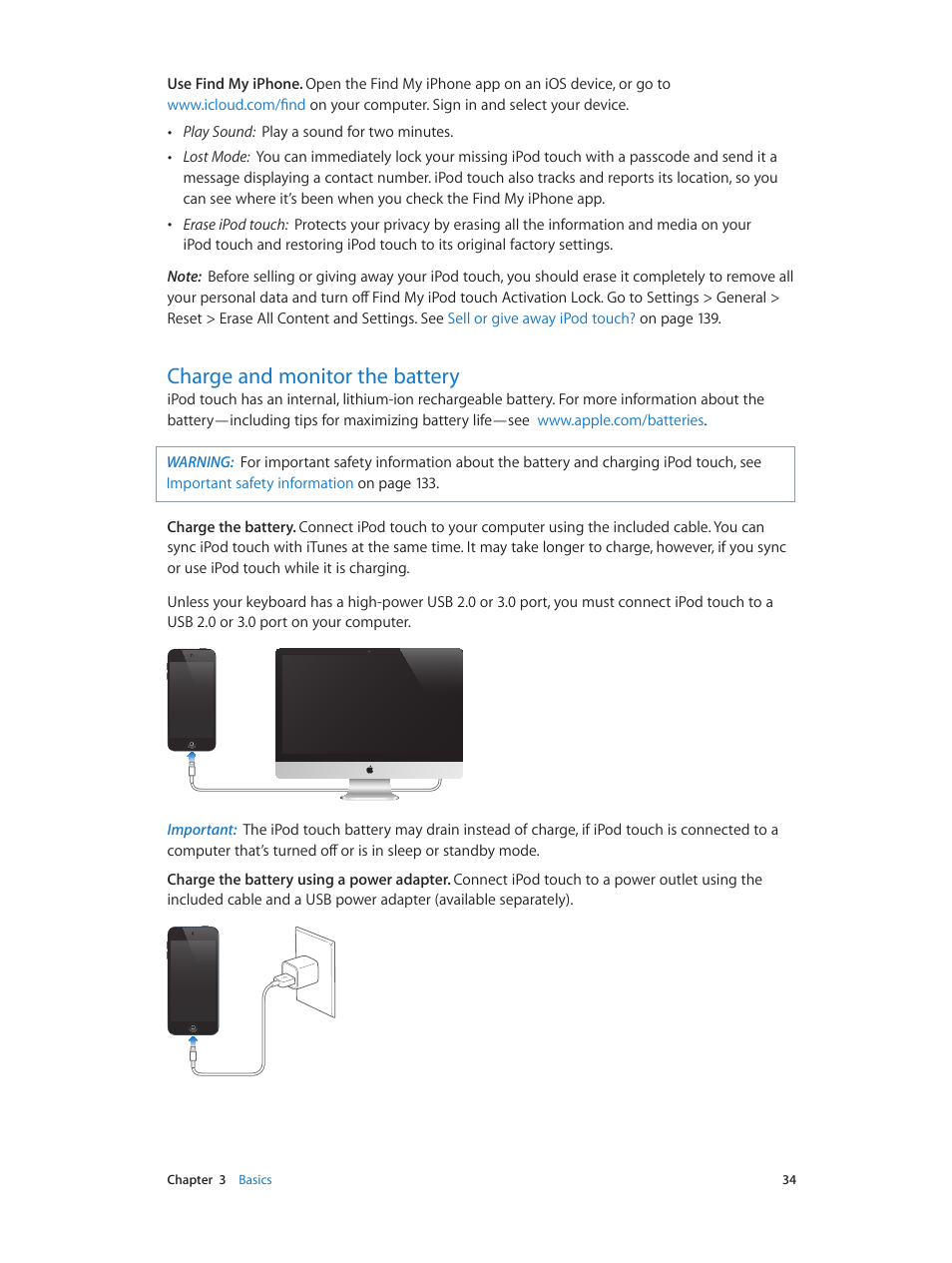 Charge and monitor the battery, 34 charge and monitor the battery, Charge | And monitor the battery | Apple iPod touch iOS 7.1 User Manual | Page 34 / 144