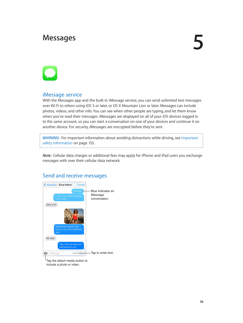 Chapter 5: messages, Imessage service, Send and receive messages | 38 imessage service 38 send and receive messages, Messages | Apple iPod touch iOS 7.1 User Manual | Page 38 / 144