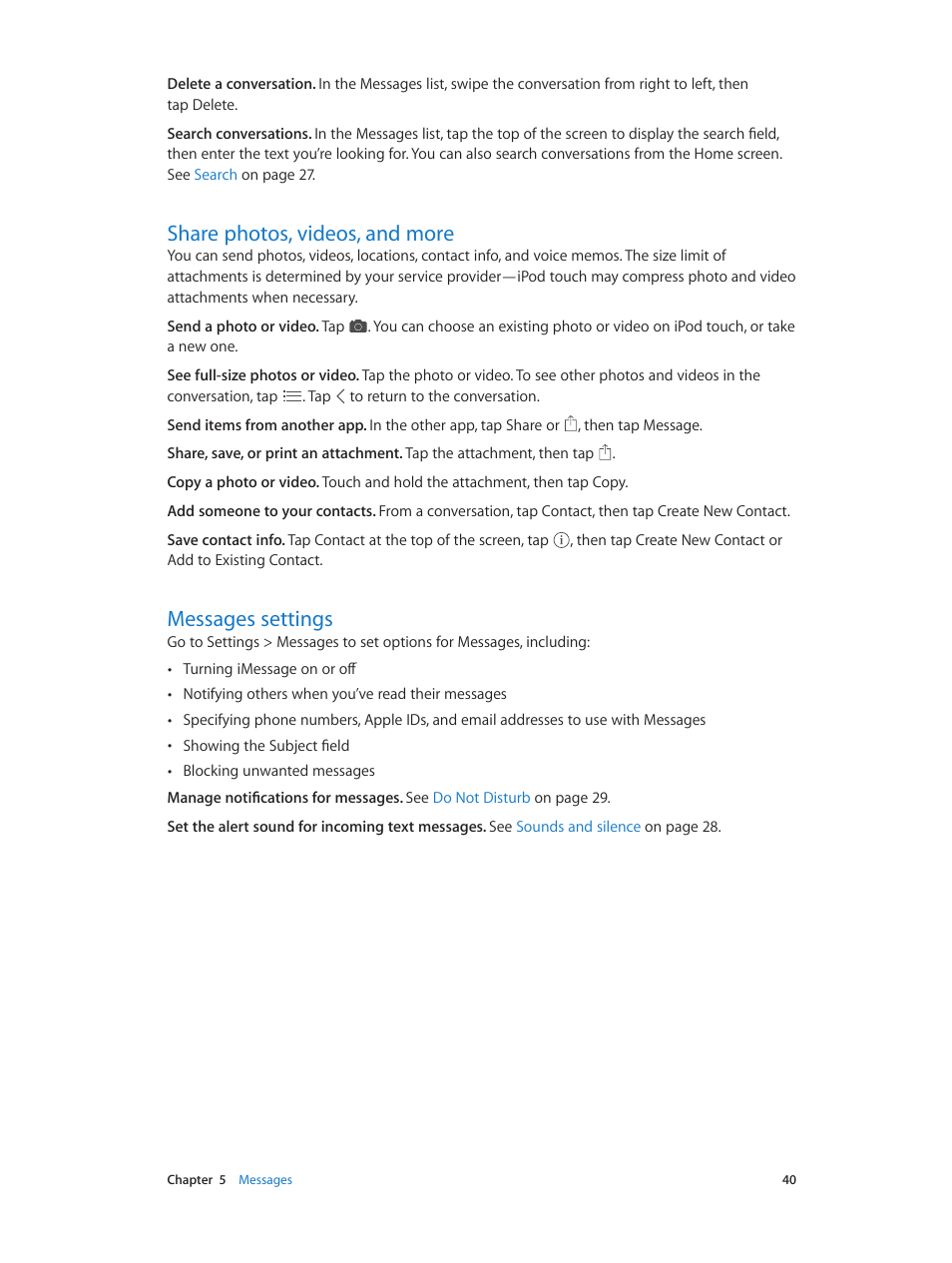 Share photos, videos, and more, Messages settings | Apple iPod touch iOS 7.1 User Manual | Page 40 / 144