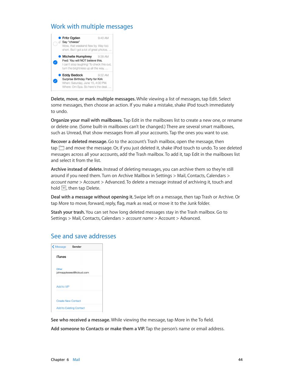 Work with multiple messages, See and save addresses | Apple iPod touch iOS 7.1 User Manual | Page 44 / 144