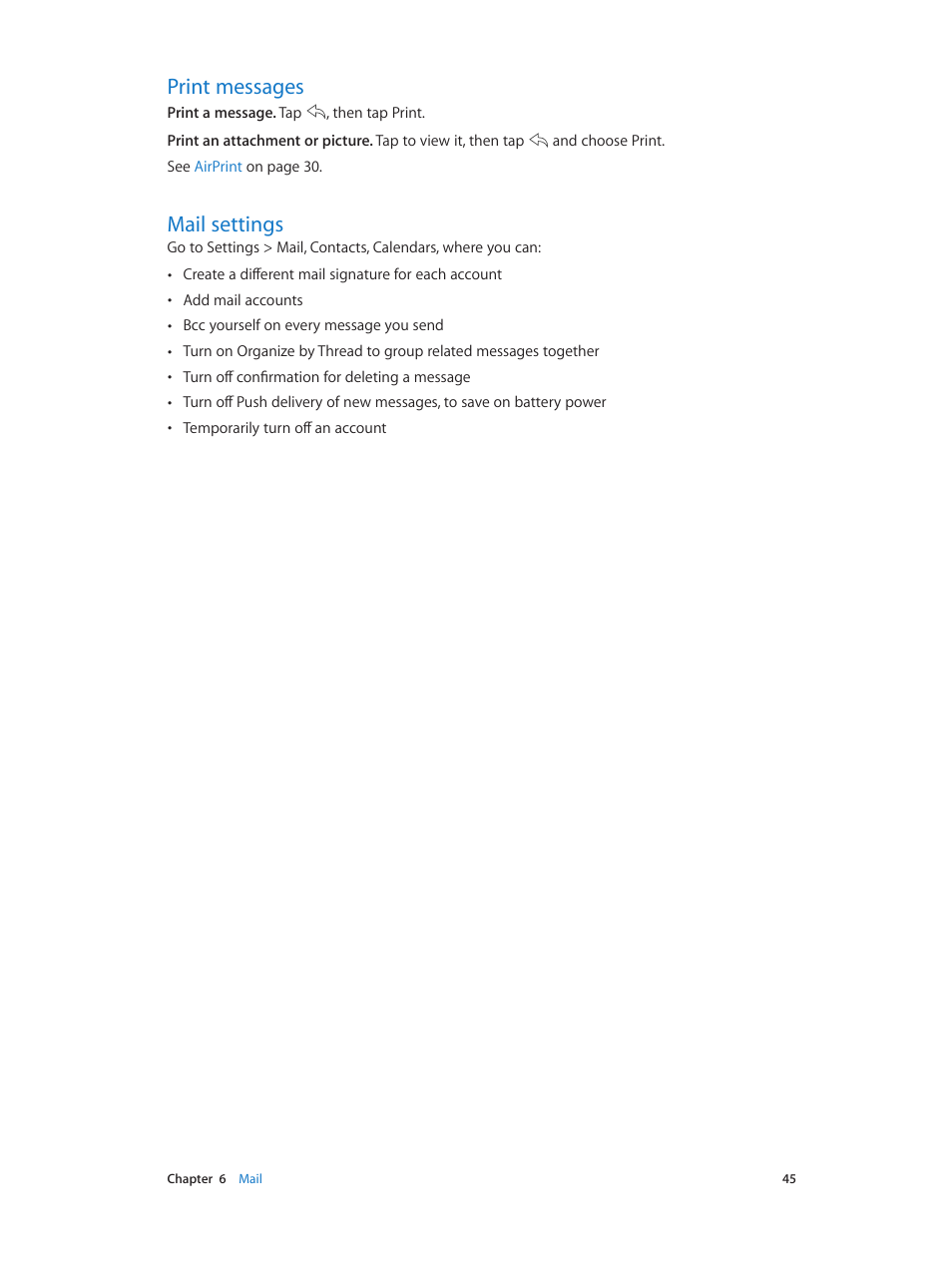 Print messages, Mail settings, 45 print messages 45 mail settings | Apple iPod touch iOS 7.1 User Manual | Page 45 / 144