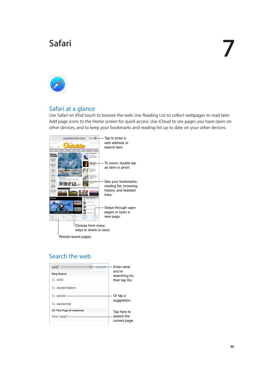 Chapter 7: safari, Safari at a glance, Search the web | 46 safari at a glance 46 search the web, Safari | Apple iPod touch iOS 7.1 User Manual | Page 46 / 144