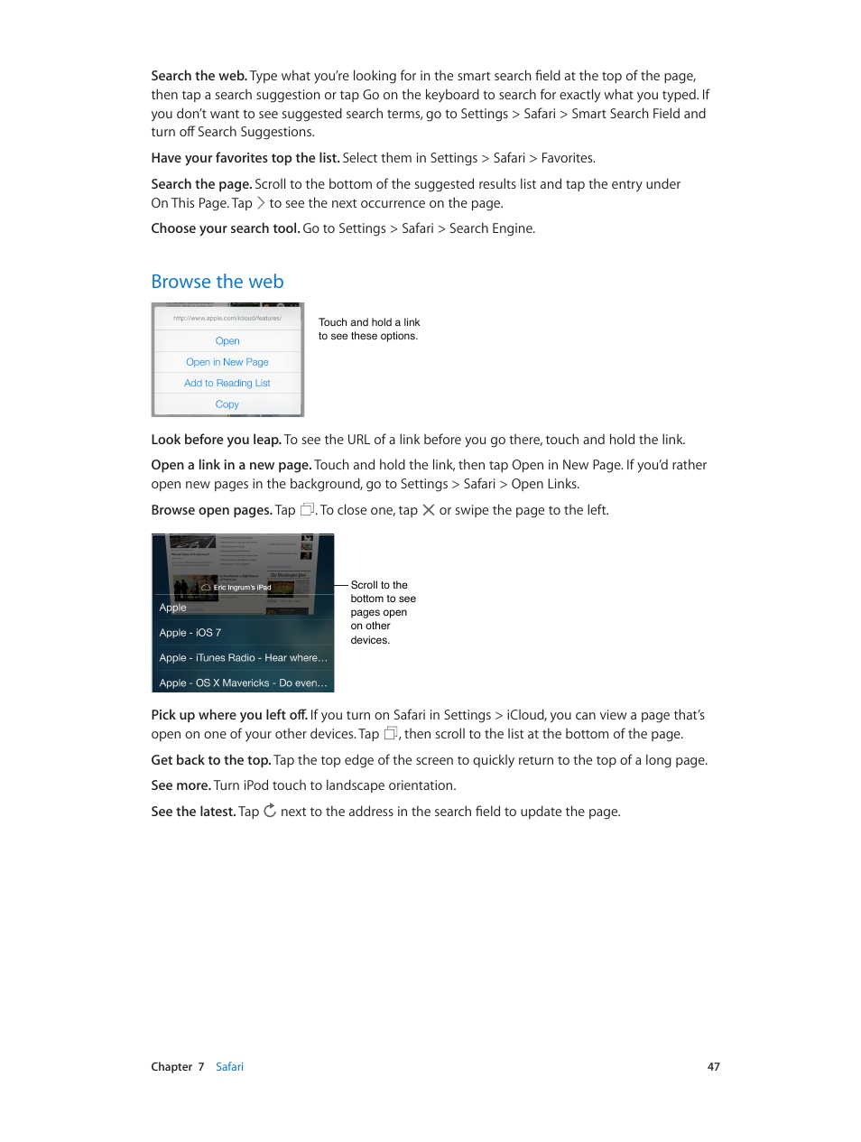 Browse the web, 47 browse the web | Apple iPod touch iOS 7.1 User Manual | Page 47 / 144