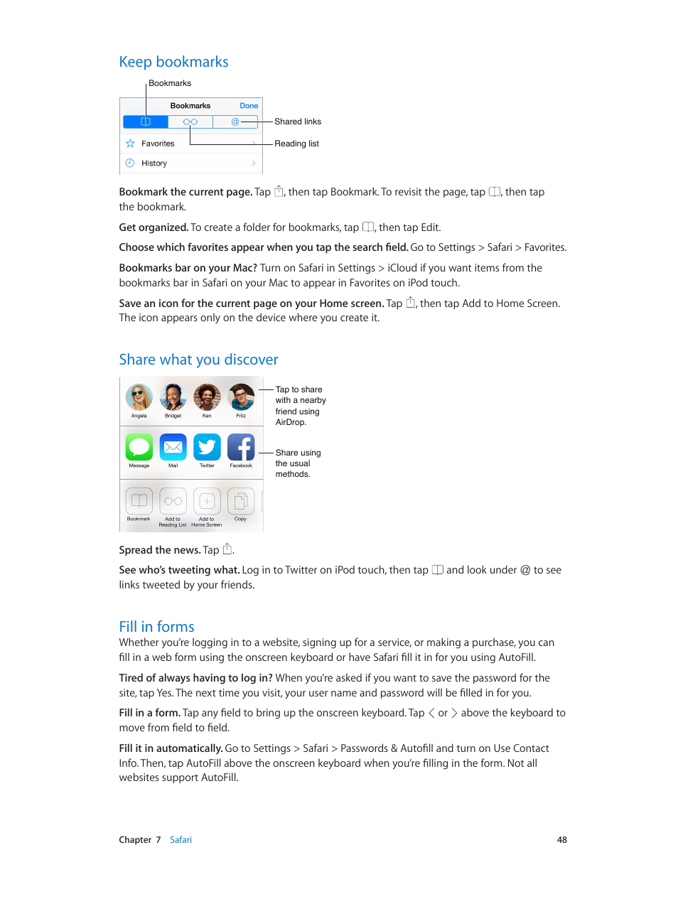 Keep bookmarks, Share what you discover, Fill in forms | Fill, In forms | Apple iPod touch iOS 7.1 User Manual | Page 48 / 144