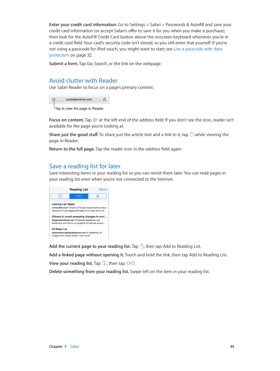 Avoid clutter with reader, Save a reading list for later | Apple iPod touch iOS 7.1 User Manual | Page 49 / 144