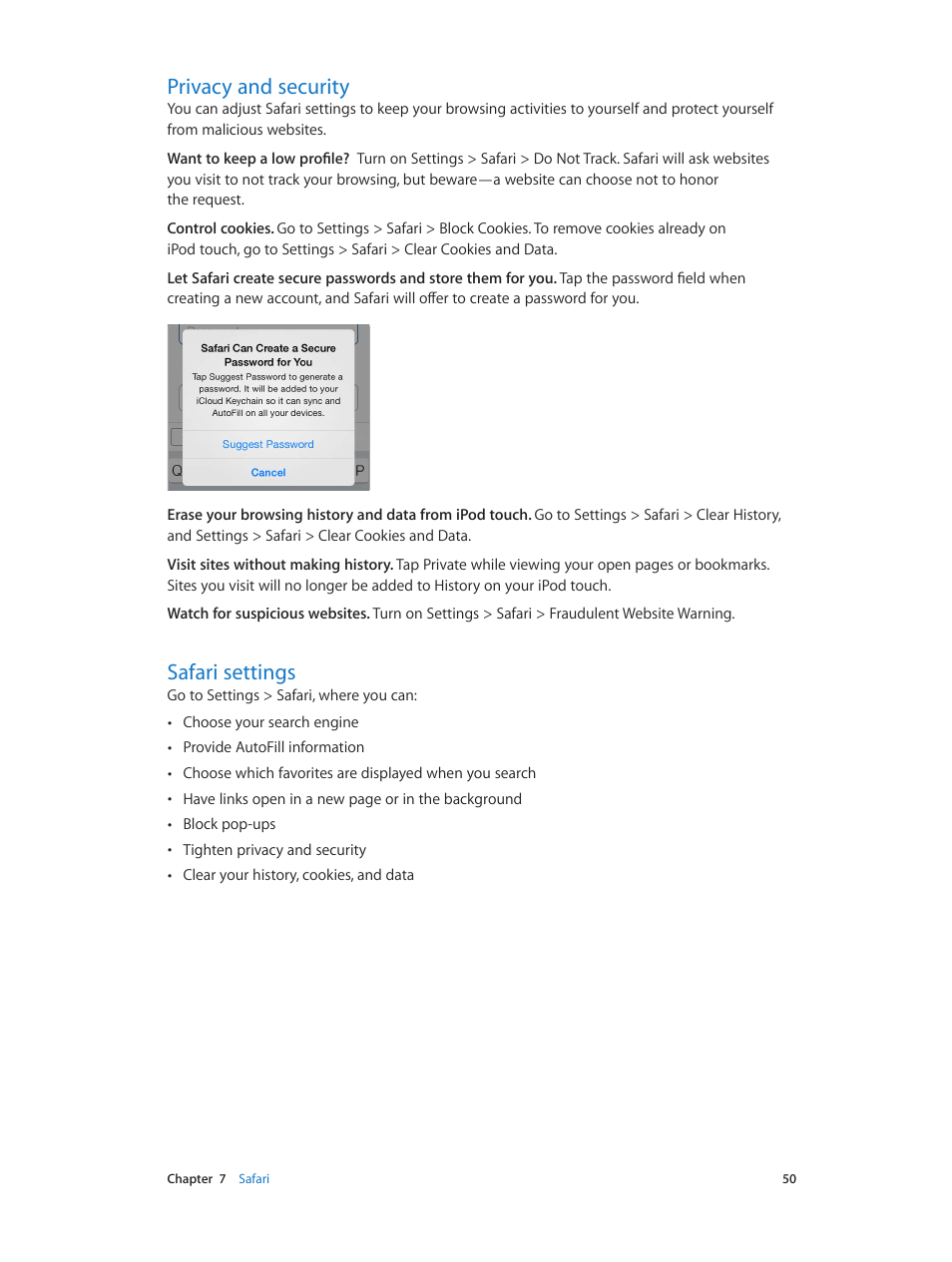 Privacy and security, Safari settings, 50 privacy and security 50 safari settings | Apple iPod touch iOS 7.1 User Manual | Page 50 / 144