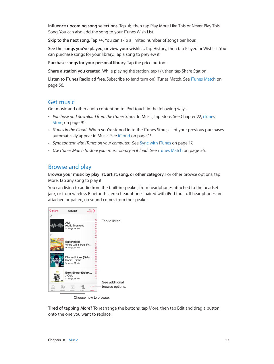 Get music, Browse and play, 52 get music 52 browse and play | Apple iPod touch iOS 7.1 User Manual | Page 52 / 144