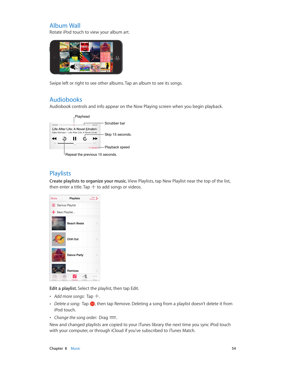 Album wall, Audiobooks, Playlists | 54 album wall 54 audiobooks 54 playlists | Apple iPod touch iOS 7.1 User Manual | Page 54 / 144
