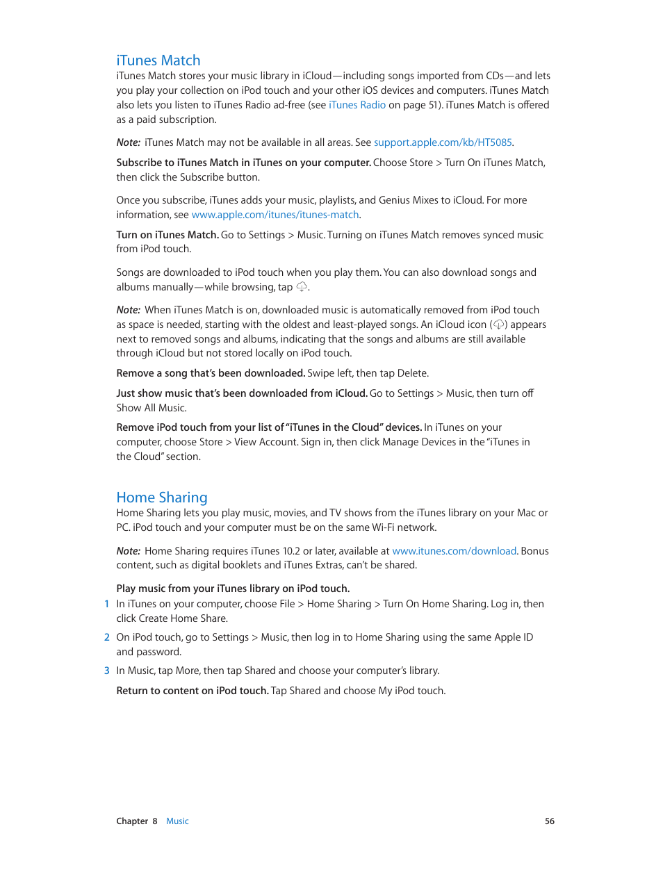 Itunes match, Home sharing, 56 itunes match 56 home sharing | Itunes, Match | Apple iPod touch iOS 7.1 User Manual | Page 56 / 144