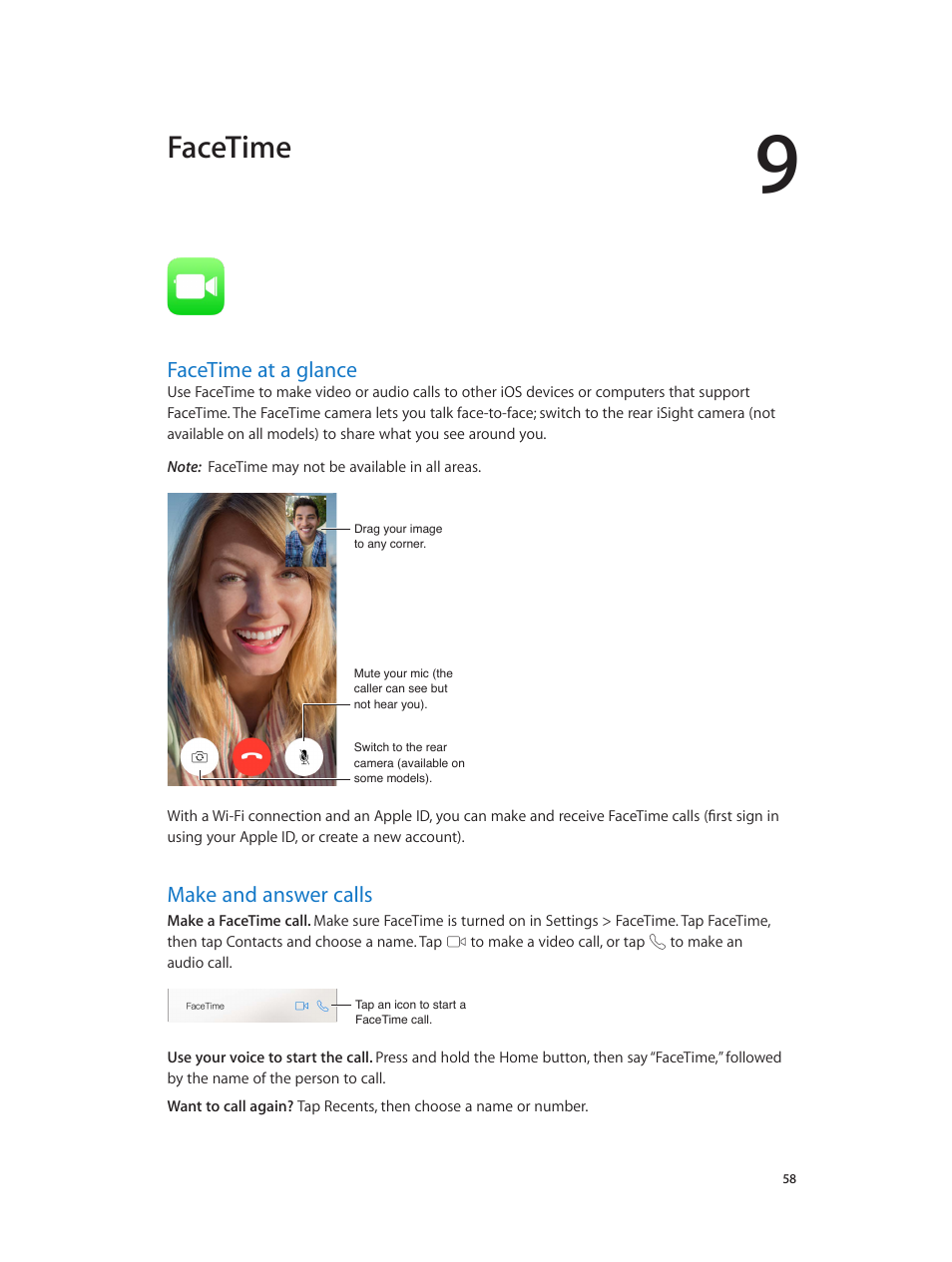 Chapter 9: facetime, Facetime at a glance, Make and answer calls | 58 facetime at a glance, 58 make and answer calls, Facetime | Apple iPod touch iOS 7.1 User Manual | Page 58 / 144