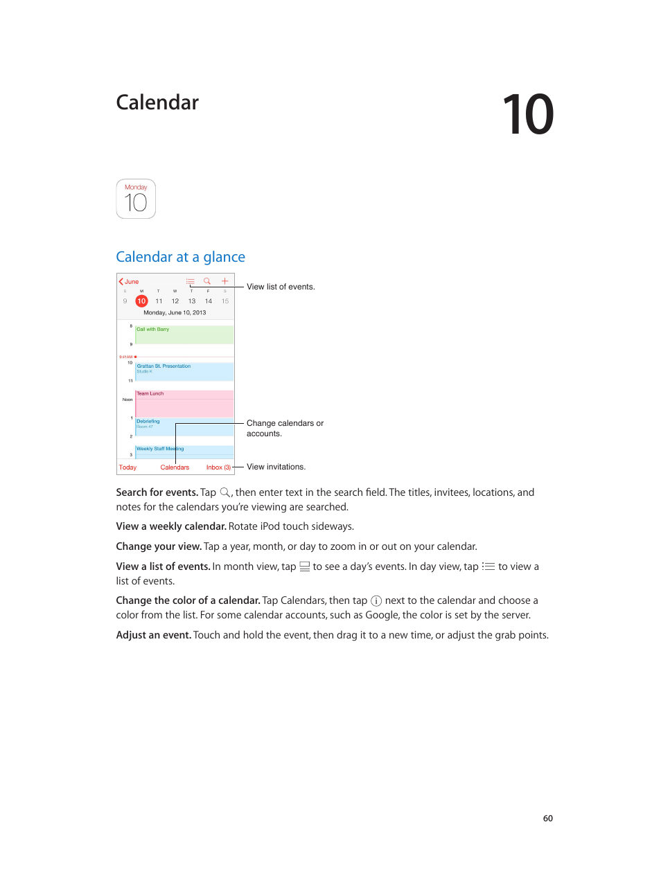 Chapter 10: calendar, Calendar at a glance, 60 calendar at a glance | Calendar | Apple iPod touch iOS 7.1 User Manual | Page 60 / 144