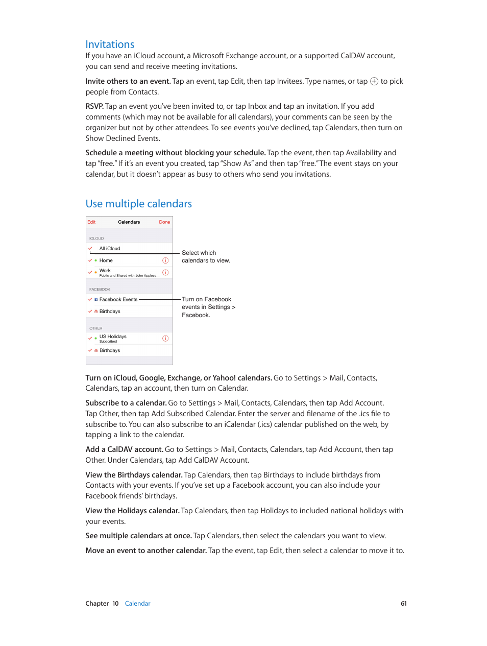 Invitations, Use multiple calendars, 61 invitations 61 use multiple calendars | Apple iPod touch iOS 7.1 User Manual | Page 61 / 144