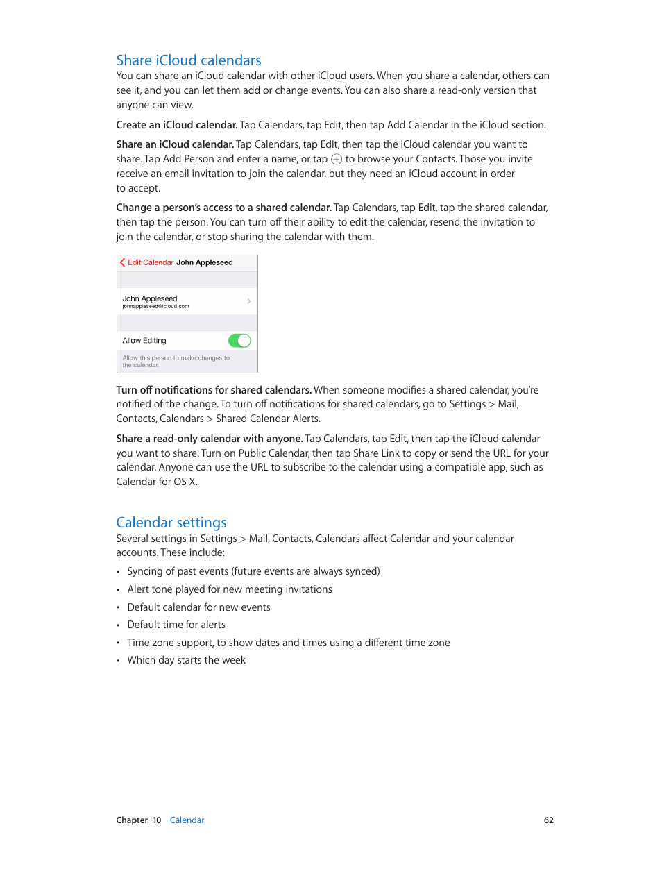 Share icloud calendars, Calendar settings, 62 share icloud calendars 62 calendar settings | Apple iPod touch iOS 7.1 User Manual | Page 62 / 144