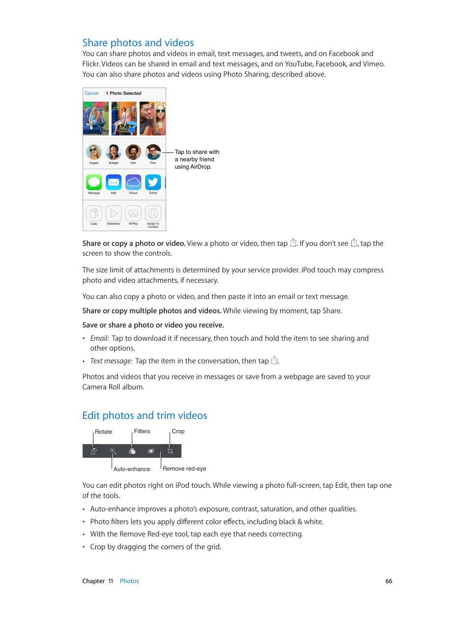 Share photos and videos, Edit photos and trim videos | Apple iPod touch iOS 7.1 User Manual | Page 66 / 144