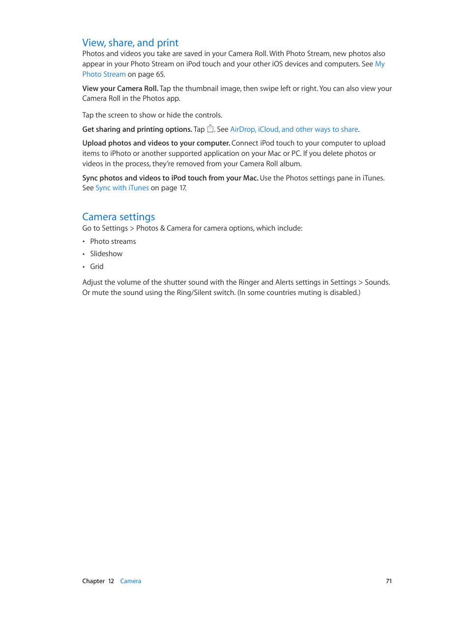 View, share, and print, Camera settings, 71 view, share, and print 71 camera settings | Apple iPod touch iOS 7.1 User Manual | Page 71 / 144