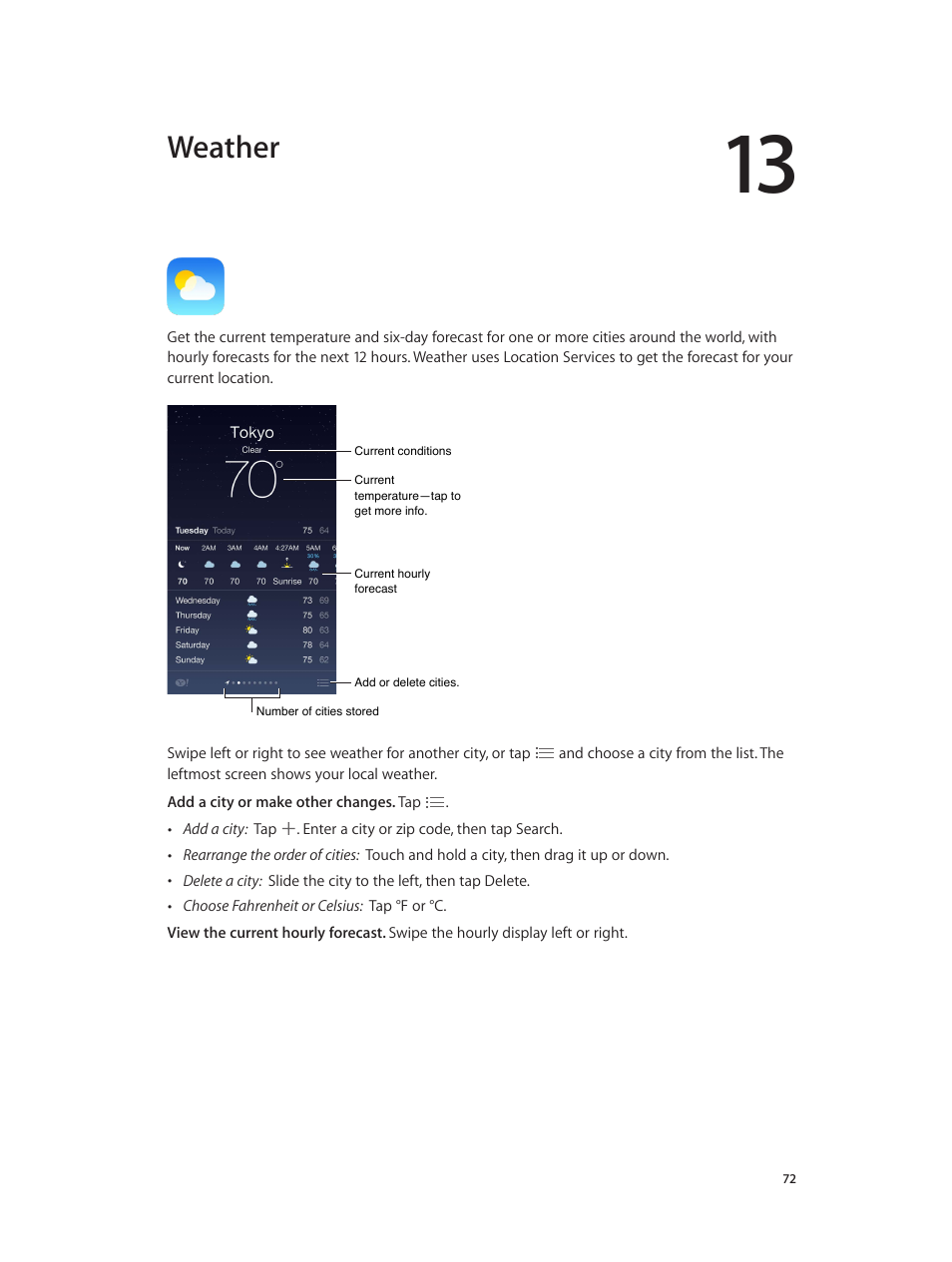 Chapter 13: weather, Weather | Apple iPod touch iOS 7.1 User Manual | Page 72 / 144