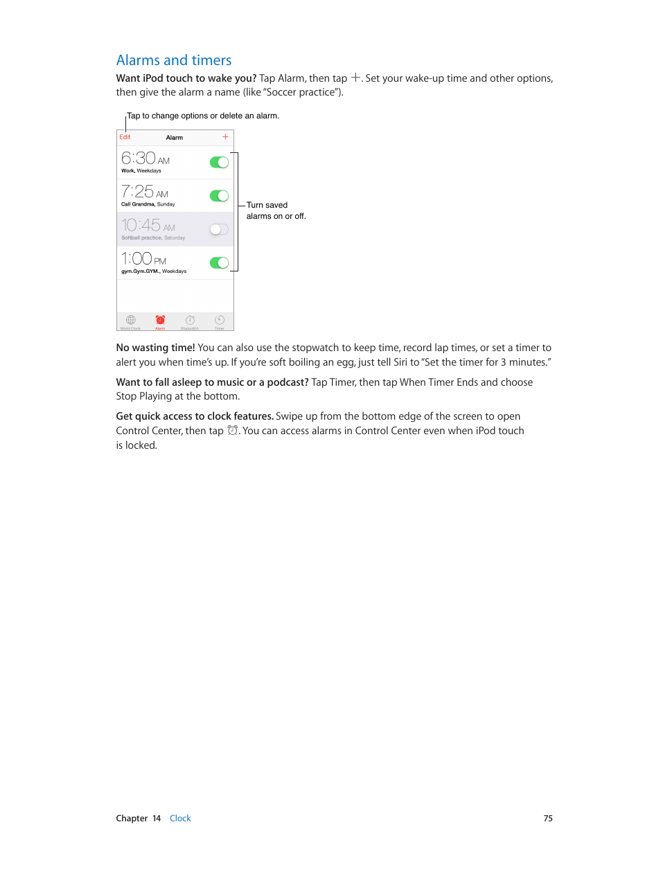 Alarms and timers, 75 alarms and timers | Apple iPod touch iOS 7.1 User Manual | Page 75 / 144
