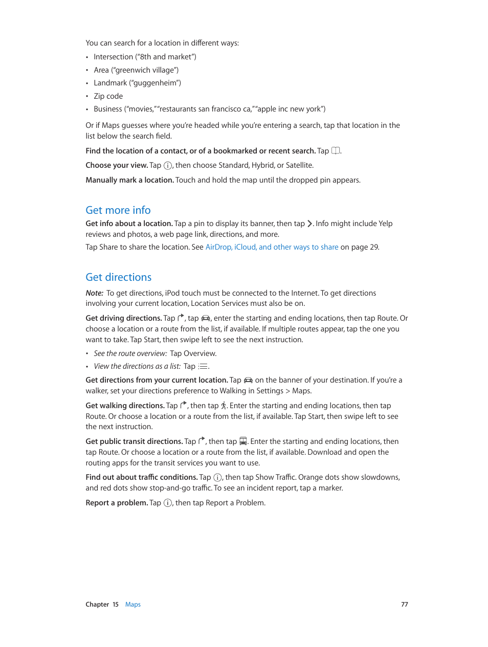 Get more info, Get directions, 77 get more info 77 get directions | Apple iPod touch iOS 7.1 User Manual | Page 77 / 144